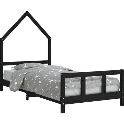 Lit simple Cadre de lit pour enfants noir 90x190 cm bois de pin massif (1/5)