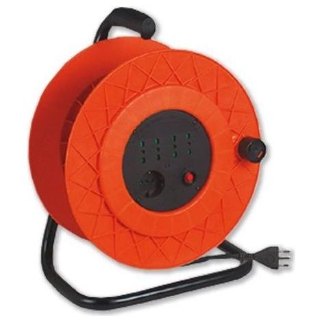 FME 39501 Avvolgicavo Elettrico con 5 Prese 16A + T di Cui 1 Schuko Cavo 3x1.5 mm² da 25 Metri con Disgiuntore Termico colore Nero