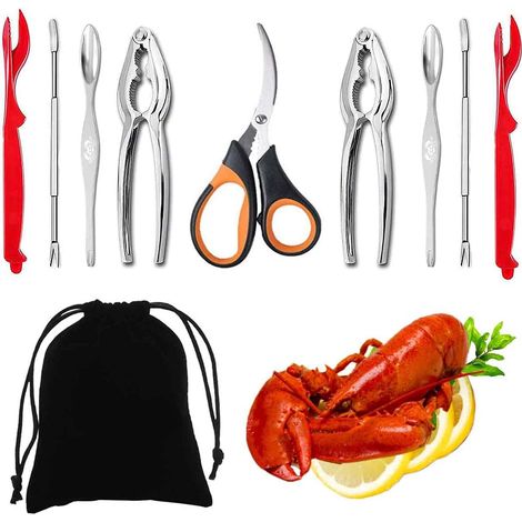 Lot de 10 outils pour fruits de mer : 2 cassecrabes, 2 coquillages à homard, 2 fourchettes à fruits de mer, 2 fourchettes à crabe larges, 1 paire de ciseaux à fruits de mer et 1 sac de (1/5)