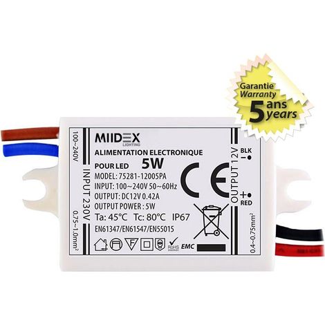 Transformateur LED 5W 12V DC IP67 – 0.42A – Entrée 230V AC – Sortie régulée pour LED – Usage en extérieur – Miidex Lighting