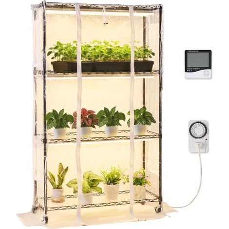 Soporte para Plantas con Luz de Cultivo y Cubierta de Invernadero 4 Niveles 150 cm 180 W, Estante para Plantas con Ruedas, Temporizador, Higrómetro, Luces de Cultivo de Espectro Completo (1/5)