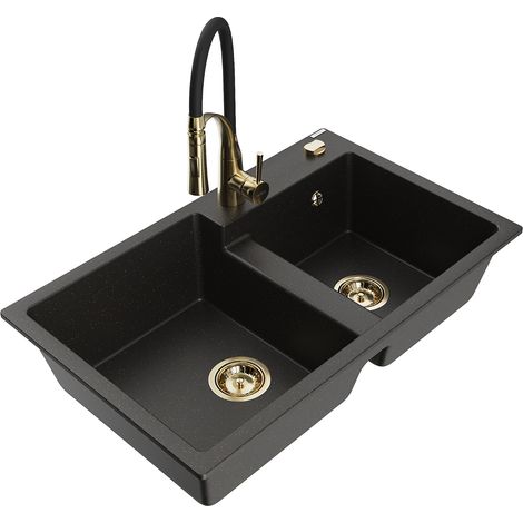 Mexen Tomas Granitspüle 2-becken mit Küchenarmatur Aster, schwarz/gold metallic - 6516-75-73450-57-G (1/5)