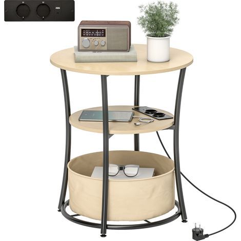 Table d'appoint, table basse à 3 niveaux avec station de recharge, sac de rangement en tissu, étagère, 50 x 50 x 55,1 cm, bois naturel (1/5)