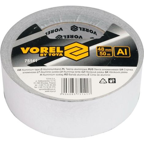 Cinta adhesiva Vorel 75141, 50 m, de aluminio, ideal para sellado y reparación, alta resistencia, versátil, perfecta para aplicaciones industriales y domésticas, fácil de usar.