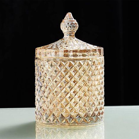 Pot en Verre Coloré avec Couvercle, Grande Bonbonnière Ambre à Motif Diamant, Boîte pour Biscuits, Bonbons, Chocolats, Bijoux et Petits Objets (1/5)