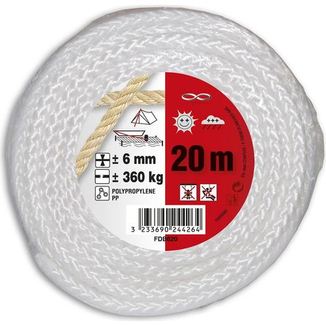 Corde Polypropylène tressée - Résistance à la rupture Indicative 360 kg - Diamètre 6 mm - Longueur 20 m - Blanc
