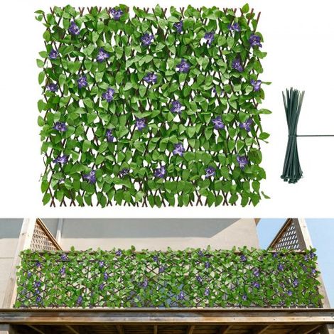 Seto Artificial 64,9 x 310 cm, Valla Decorativa de Hiedra Artificial, 2 Unidades, con 50 Bridas, Hojas Verdes y Flores Moradas, Pantalla de Privacidad para Jardín Balcón Ático Terraza Piscina (1/5)