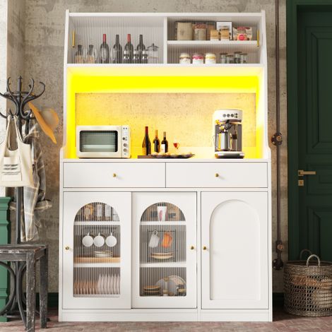 Buffet haut cuisine blanc avec LED pilotable par app 2 tiroirs tablettes réglables anti-basculement charge 60kg vitrine à porte vitrée coulissante sideboard multifonction salon entrée bureau (1/5)