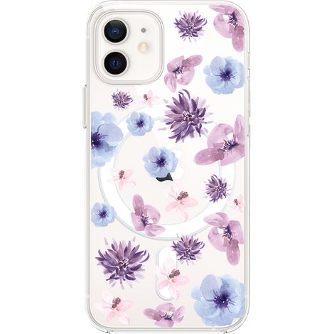Custodia per iPhone 12 Mini con MagSafe, trasparente, flessibile in silicone, fiori blu e viola (1/5)