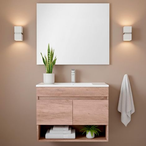Mobiletto Bagno Sospeso Mobile Legno Con 2 Ante Ripiani e Vani Aperti Lavabo In Ceramica Con Specchio E Led Design Moderno Nordico La Brea 80 x 45 x 64 Cm Rovere - Set: Mobile Lavabo e Specchio