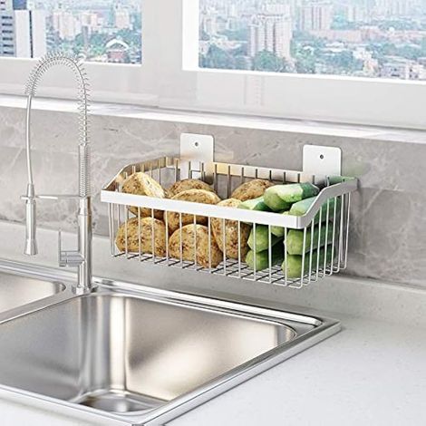 Panier à fruits en fil métallique - SUS304 en acier inoxydable - Panier de rangement pour salle de bain - Économie d'espace pour le garde-manger - Argenté (1/5)