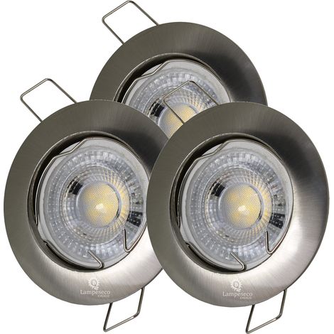 Lampesecoenergie – Lot de 3 spots encastrables led GU10 7W blanc chaud 2700K – Finition alu brossé – Angle de diffusion 38° – Tension 230V (1/7)