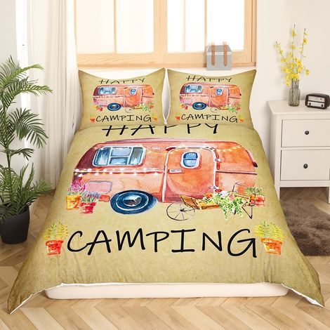 Housse de couette 200 x 200 cm Happy Camping Parure de lit pour enfants, garçons, filles, adultes, mignonne rustique, maison de campagne, style rétro, voyage, camping car, décoration (1/5)