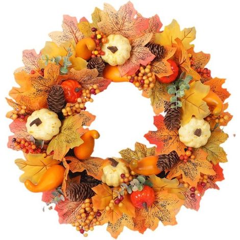 Couronne d'automne artificielle - KAGOLOW - Décoration de porte - Style rustique - Feuilles d'érable - Citrouilles (1/5)