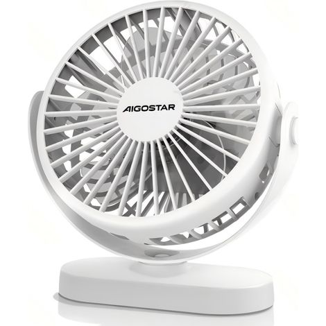 Ventilateur de bureau Aigostar 6 pouces à 5 pales, 3 vitesses, batterie rechargeable 1500 mAh, blanc, silencieux, pour la maison et le bureau. (1/3)