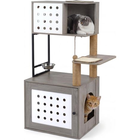 Arbre à Chat à Plusieurs Niveaux, Armoire à Chat en Bois avec mangeoire, poteaux en sisal, Tapis à gratter et entrée, Maison pour Chat avec litière pour Chat, Arbre à Chat (Gris) (1/5)