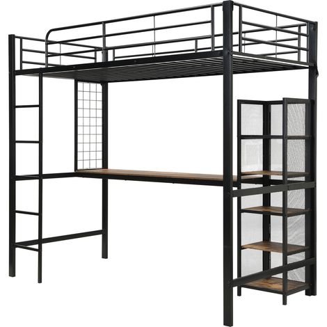 Cama alta de metal y MDF 90 x 200 cm con escritorio y almacenaje negro y madera oscura (1/5)