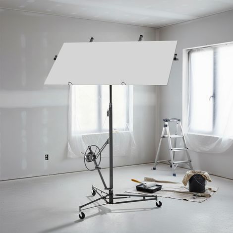 Sollevatore per piatti pieghevole, portata 68 kg, altezza regolabile 180-470 cm, inclinazione 60°, 3 ruote con freno, metallo grigio (1/5)