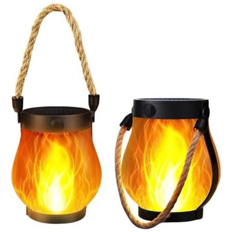 Lampes solaires à effet flamme pour l'extérieur (lot de 2), lanternes solaires avec effet flamme, 1500 mAh, rechargeables, IPX4, idéales pour une utilisation en extérieur, sur une ter