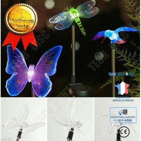 Lot de 3 lampes solaires jardin, forme libellule, LED multicolore, étanches, pour extérieur et balcon