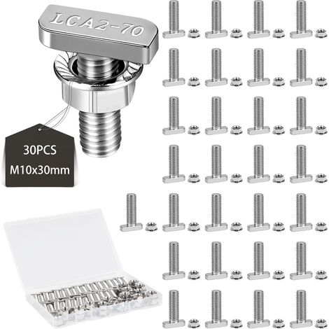 30 Pcs Boulons à Tête en T M10x30 vis à tête Marteau avec Boîte en Plastique vis de Serre en Inox avec écrous à Bride pour Serre Profilés en Aluminium Rail de Montage Solaire à 10mm Gorge (1/5)