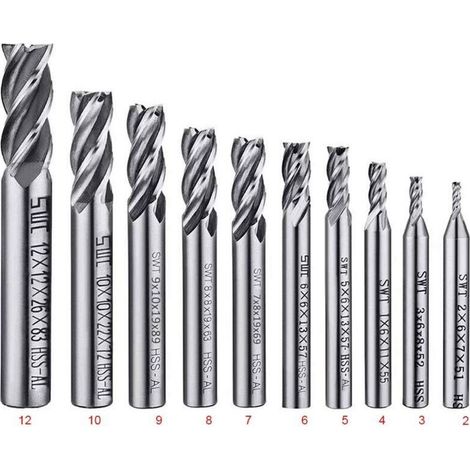 Lot de 10 forets à 4 cannelures - de 2 à 12 mm Fraise en Bout- Ensemble de forets à tige droite HSS CNC pour perceuse - Ensemble d'outils pour bois, aluminium, acier et titane