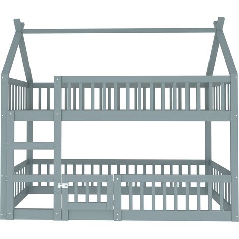 Lit cabane 90x200 enfant, lit superposé enfant en bois massif gris, lit mezzanine avec escalier et barrière de sécurité. (1/5)