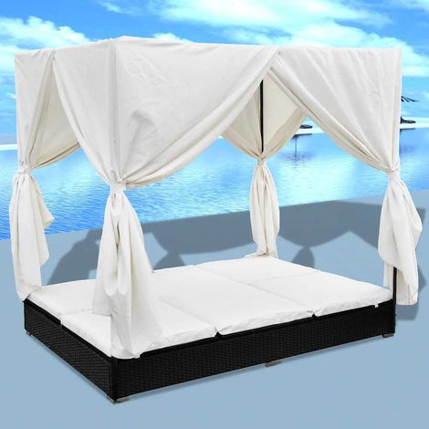 vidaXL Tumbona con cortinas de ratán sintético negro (1/5)
