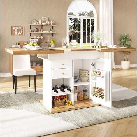 Esstisch Teleskoptisch(110-140×80cm), klappbarer Küchentisch für 4-6 Personen, Ausziehbarer Esstisch ,platzsparender Küchentisch,für Küche und Wohnzimmer, Tisch mit Snackregal und Weinregal, weiß (1/5)