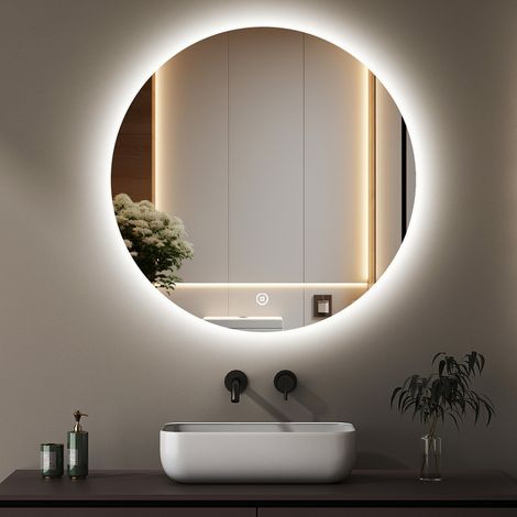 Badspiegel mit Beleuchtung Rund 60 cm LED Spiegel mit Beleuchtung Runder Badezimmerspiegel mit Beleuchtung Wandspiegel Rund mit 3 Lichtfarbe Dimmbar Touchschalter (1/5)
