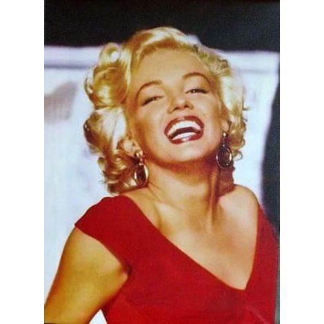 Quadro raffigurante Merlino Monroe in abito rosso, su tela, 35 cm x 25 cm.