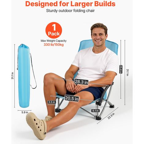 Chaise de Camping Pliante et Portable, Fauteuil Pliable Camping à Dossier Haut, pour Pique-nique Randonnée Pêche en Plein Air, Charge 150 kg, avec Porte-gobelet et Sac de transport, Bleu (1/5)