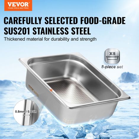 Bac Gastronorme GN 1/2 Lot de 8, Récipient Inox pour Bain-marie 0,8 mm d'Épaisseur, Bac Inox Alimentaire avec Couvercle 10,2 cm de Profondeur, pour Chauffe-plats, Réfrigérateurs, Restauration (1/5)