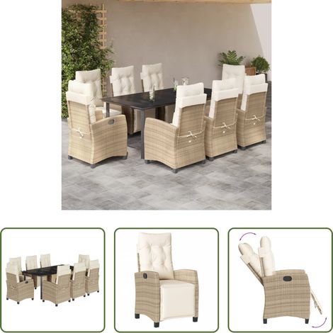 vidaXL Gartentisch - 9-tlg. Garten-Essgruppe mit Kissen Beige Poly Rattan (1/5)