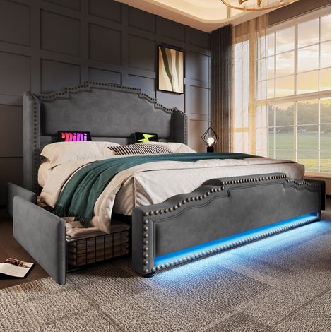 Letto matrimoniale 160x200 cm in velluto grigio, 4 cassetti, con materasso – MEUBLIV (1/5)
