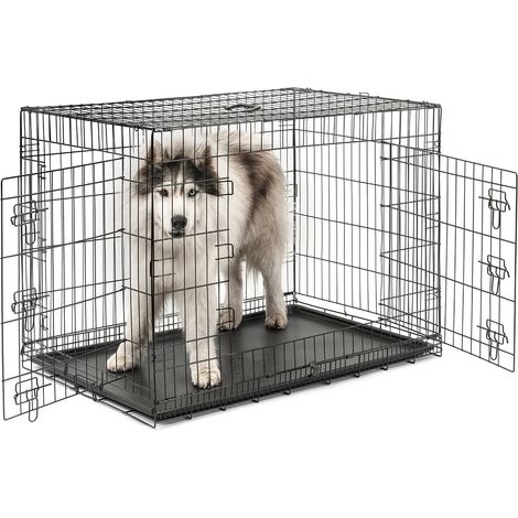 lionto Transportkäfig für Tiere, faltbarer Metallkäfig mit Trennwand, Kunststoffboden & Sicherheitsverriegelung, 106x71x77 cm