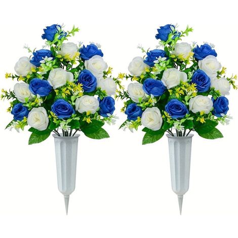 Lot de 2 bouquets de fleurs artificielles pour cimetière, roses décoratives pour tombes extérieures, magnifiques compositions florales avec vase, couleurs durables (1/5)