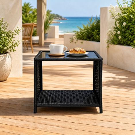 Mesa de jardín 45 x 45 x 40 cm con almacenamiento, tablero de vidrio, negro DESVIAE (1/5)