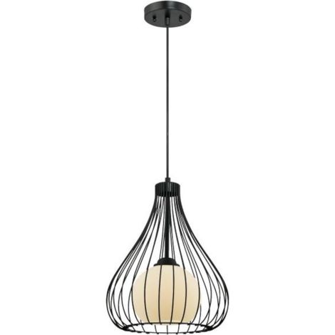 One-Light Pendant Black metal cage and frosted glass