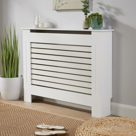 Medium White Radiator Cover Wooden MDF Wall Cabinet Shelf Slatted Grill York (1/5)