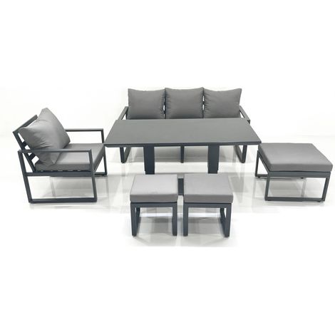 Fimous Outdoor Aluminium Garden Furniture Set with Adjustable Rising Lifting Dining Table 3 Seater Sofa Chair 3 Footstools Dark Grey (1/5)