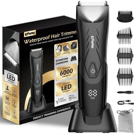 Rasoir pour le corps Rasoir intime pour homme Avec la lumière,lame sûre Écran LED, rechargeable, socle de recharge, étanche, recharge en 1 heure, pour certaines parties du corps/aine, noir (1/5)