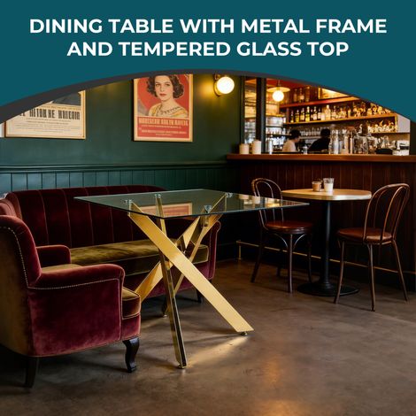 Table carrée repas en verre trempé, piètement métal croisé chromé, parfaite pour cuisine ou séjour. Plateau 80x80 cm, hauteur 75 cm, design moderne et robuste. (1/5)