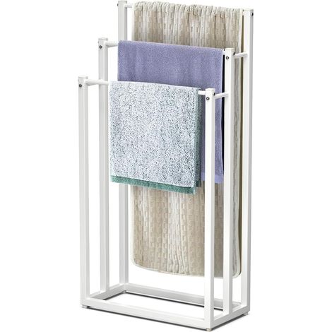 Porte-Serviettes autoportant sur Pied Support à 3 Niveaux en Métal Rangement Stable pour Serviettes de Bain et Accessoires Idéal à Côté de la Douche Baignoire ou Lavabo Blanc (1/5)
