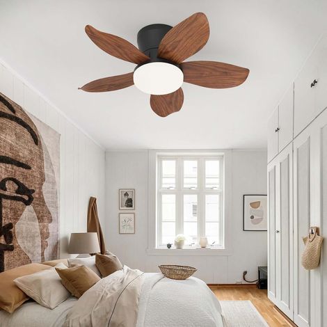Moderne Petit Lustre Ventilateur De Plafond LED Avec Telecommande APP, 6 Vitesses Moteur DC Réversible Eté Hiver 3 Pales Ventilateur Silencieux Plafond Pour Chambre/Salon-Brown Wood Grain (1/5)