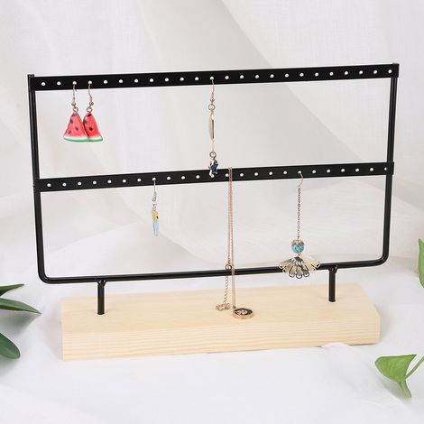 Présentoir à bijoux en métal à 46 trous pour boucles d'oreilles et colliers, noir (1/5)