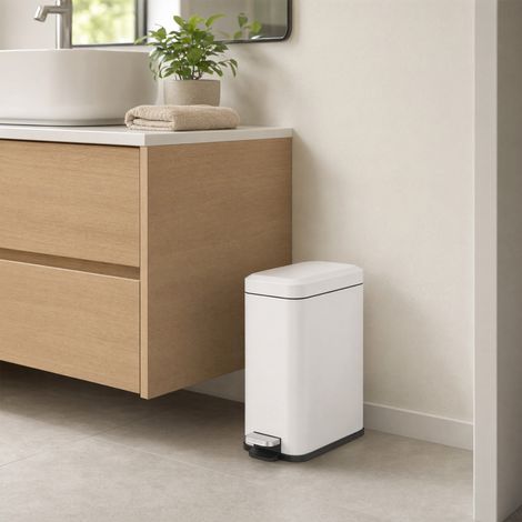 Poubelle métallique, capacité 5 L, à pédale, avec seau intérieur, blanche (1/5)