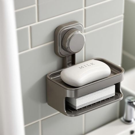 Porte-savon pour douche, fixation murale, sans perçage, auto-drainant, amovible, étanche, porte-éponge pour salle de bain, baignoire, cuisine - Ventouse puissante, matériau ABS, gris (1/5)