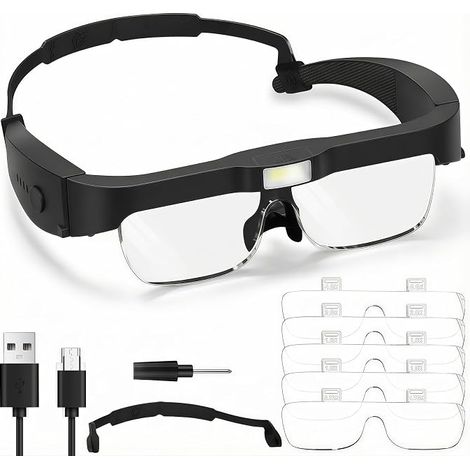 Headband Magnifier with LED Light, USB Charging Magnifier with 5 Detachable Lenses (0.75x, 1x, 1.5X, 2.5X, 4X) for DIY, Reading, Embroidery, Craft and Sewing (Black) (1/5)