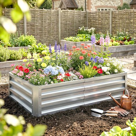 Carré potager de jardin rectangulaire tôle d'acier ondulée 120 x 60 x 30.5 cm argent (1/5)